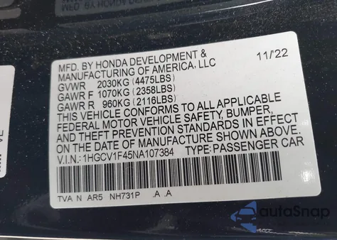 2022 Honda Accord Sport Special Edition from USA, damaged, VIN 1HGCV1F45NA107384